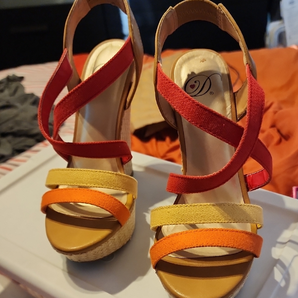 Delicious Red Orange and Yellow Strappy Wedges